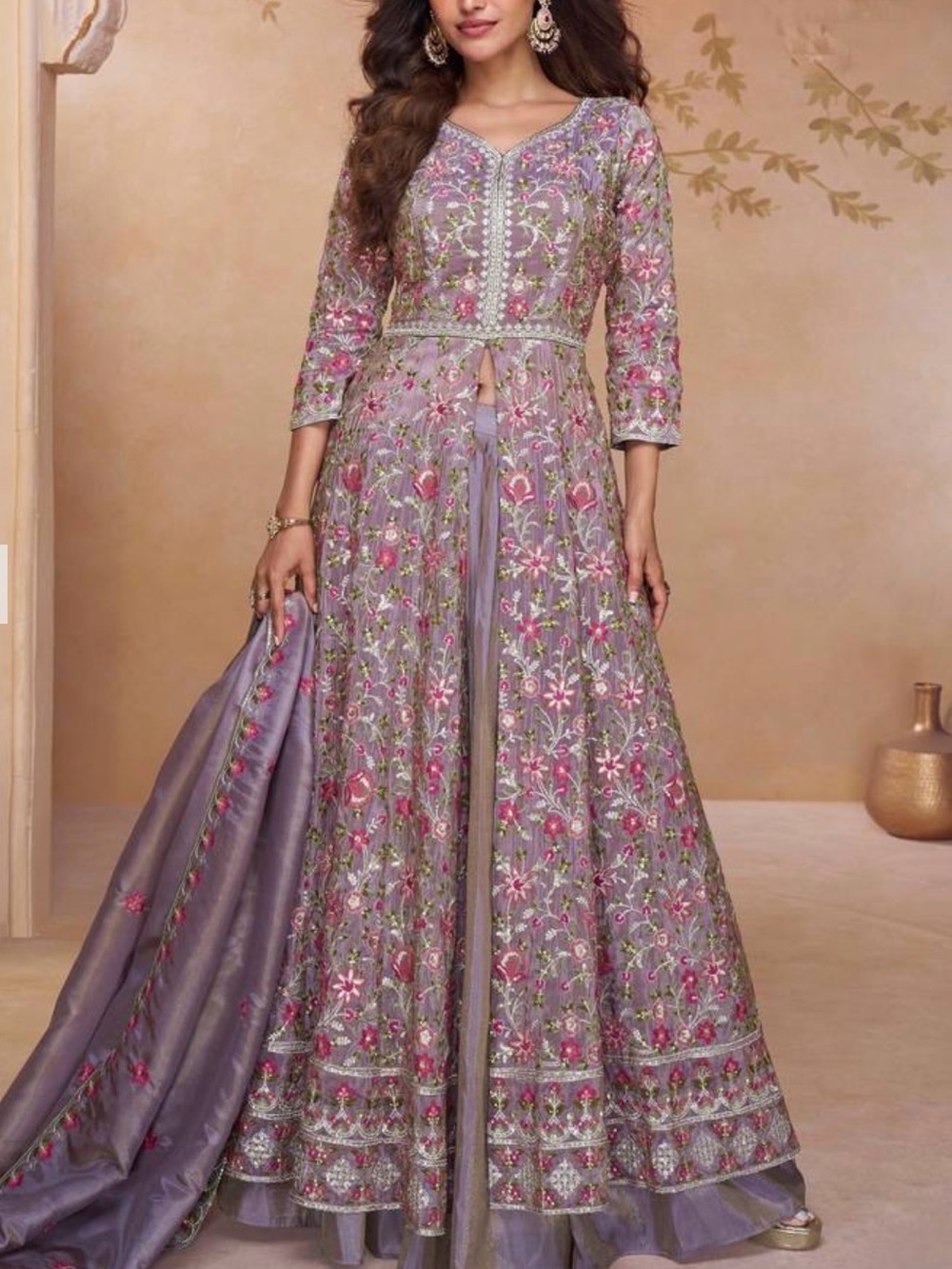 Embroidered Lavender Floral Anarkali Dress